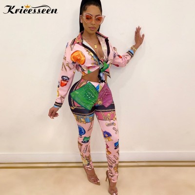 Kricesseen Casual Print Two Pieces Pant Set Women Button Up Top And Long Pants Suits Matching Sets Two Piece Outfits